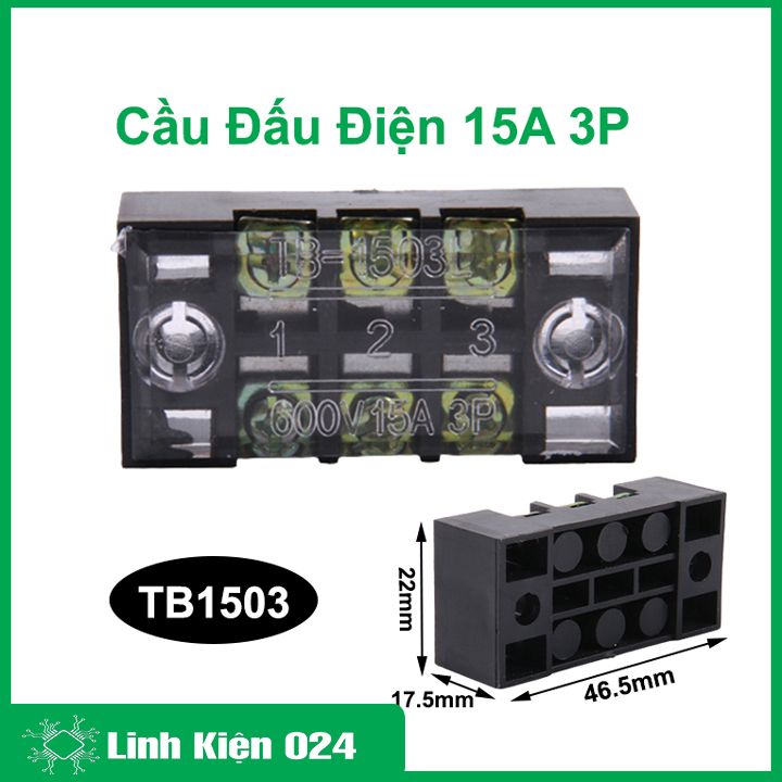 Cầu đấu điện tb-1503 điện áp 600v 15a 3p có ốc vít và tấm lắp chống rỉ