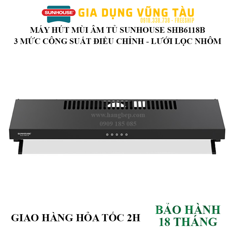 Máy hút mùi sunhouse shb6118i/shb6118b hút và khử mùi tối ưu - hàng bếp 3b vũng tàu