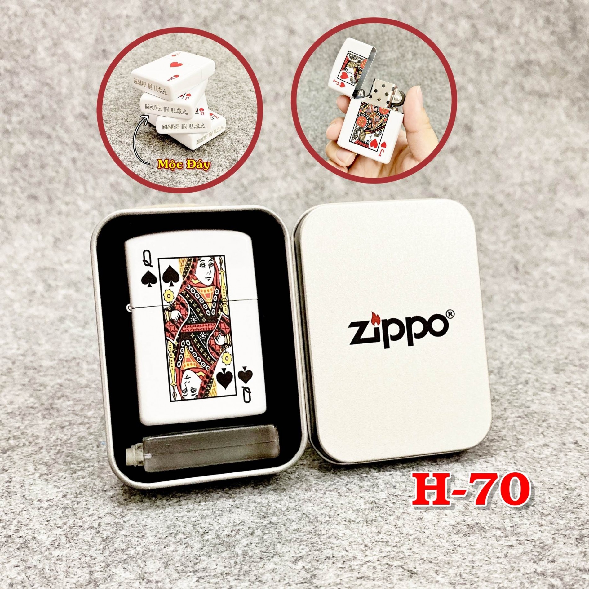 BẬT LỬA ZIPPO 2 MẶT HÌNH LÁ BÀI "Q BÍCH" (HỘP THIẾC KÈM XĂNG)