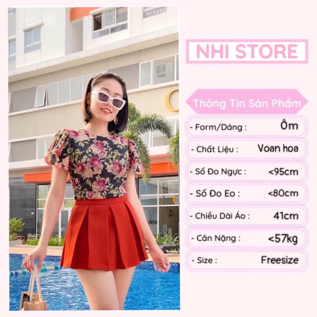 Áo Crop NHISTORE Áo Crop Tay Phồng Cổ Tròn Chất Voan Bông Dưới 60Kg