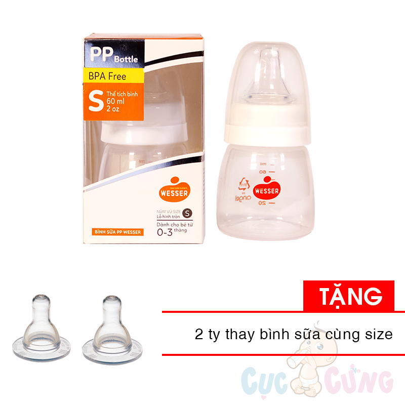 Bình sữa Wesser cổ nhỏ nhựa PP 60ml Tặng 2 ty binh sua cùng size