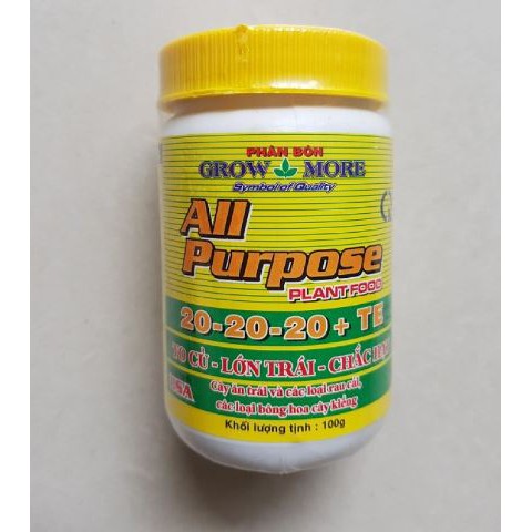 Phân bón lá growmore npk all purpose 20-20-20+te to củ - lớn trái - chắc hạt grow more 100gr