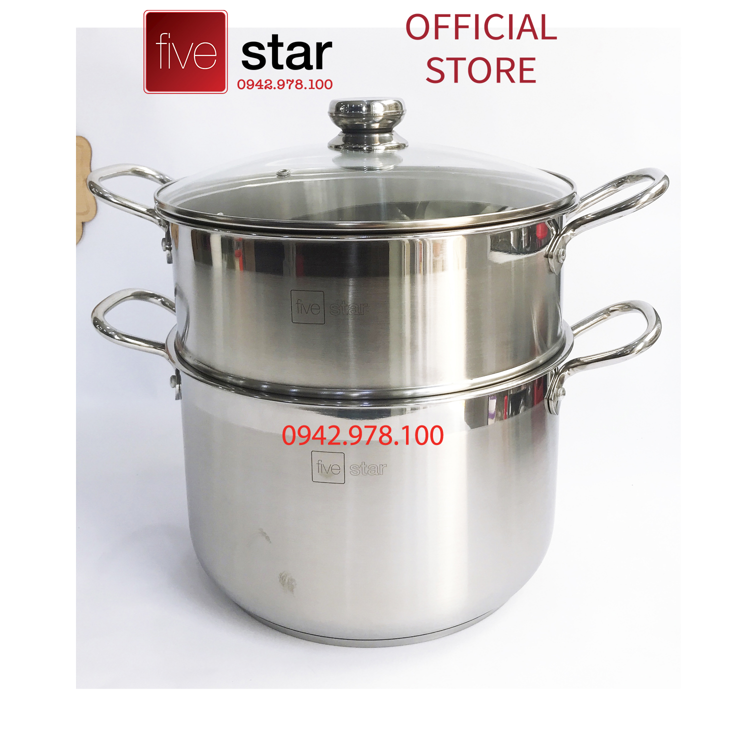 Bộ nồi xửng hấp FiveStar Standard inox 430 , 3 đáy , nắp kính, tặng 1 vá canh ( 24cm / 26cm / 28cm / 30cm / 32cm ), dùng được bếp từ , hồng ngoại , gas