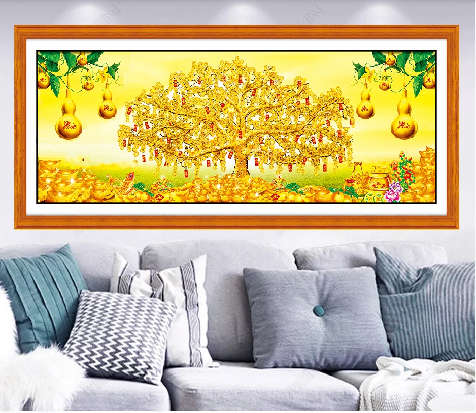 Tranh thêu chữ thập thêu kín Cây tiền vàng 150x70cm