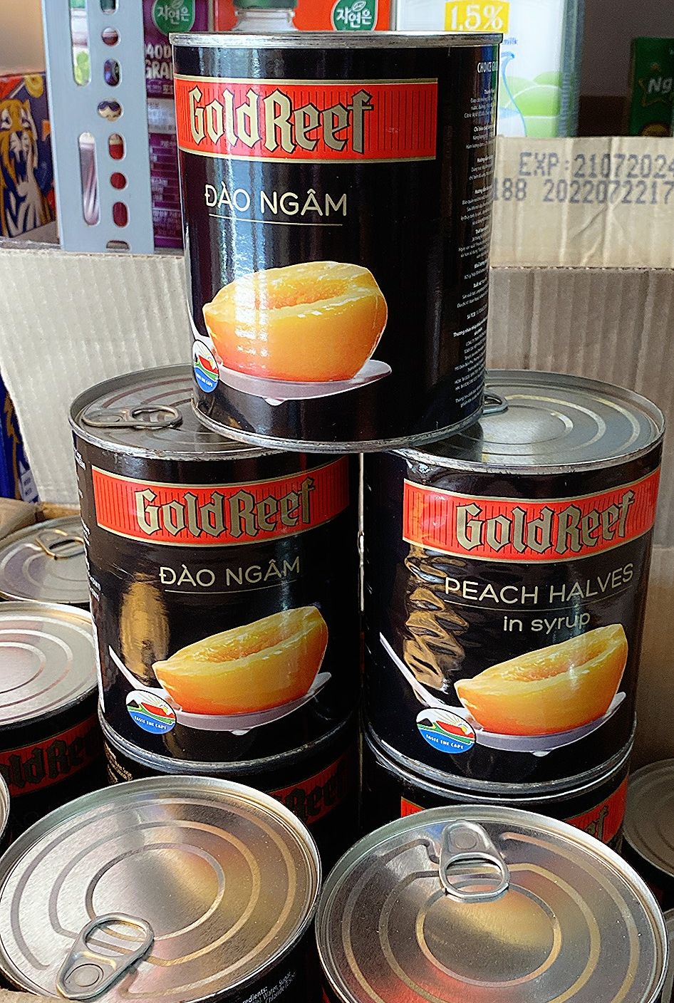 Đào ngâm và cocktail ngâm Goldreef Nam Phi 825gr (net weight) - Exp 08/02/2025 (SL 1 lon)