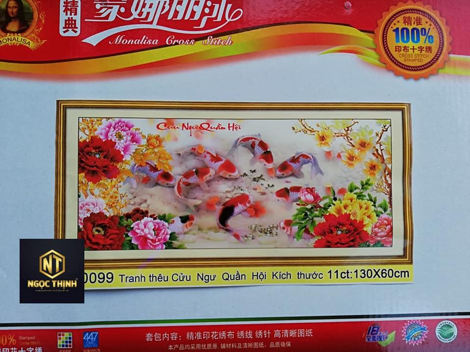 Tranh thêu chữ thập cửu ngư quần hội cá chép và hoa mẫu đơn chữ Việt mn0099 kt 130x60cm