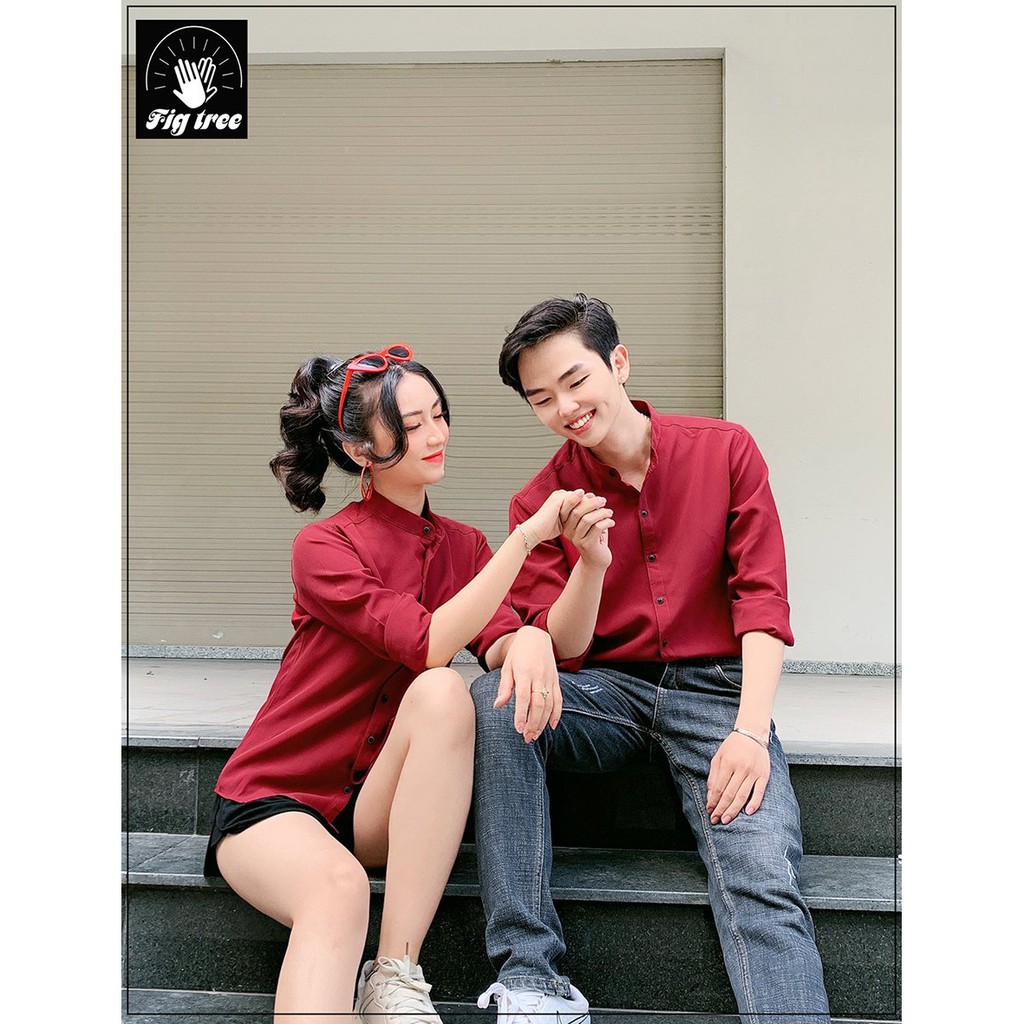 Áo sơ mi cổ trụ cặp đôi màu đỏ đô