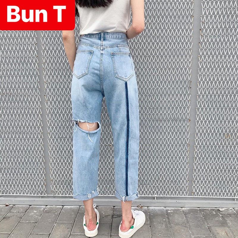 QUẦN BAGGY JEAN NỮ CHẤT BÒ XANH RÁCH ĐÙI SỌC LƯNG THUN CẠP CHUN HOT TREND T&T-30 - TRANGBUN FASHION