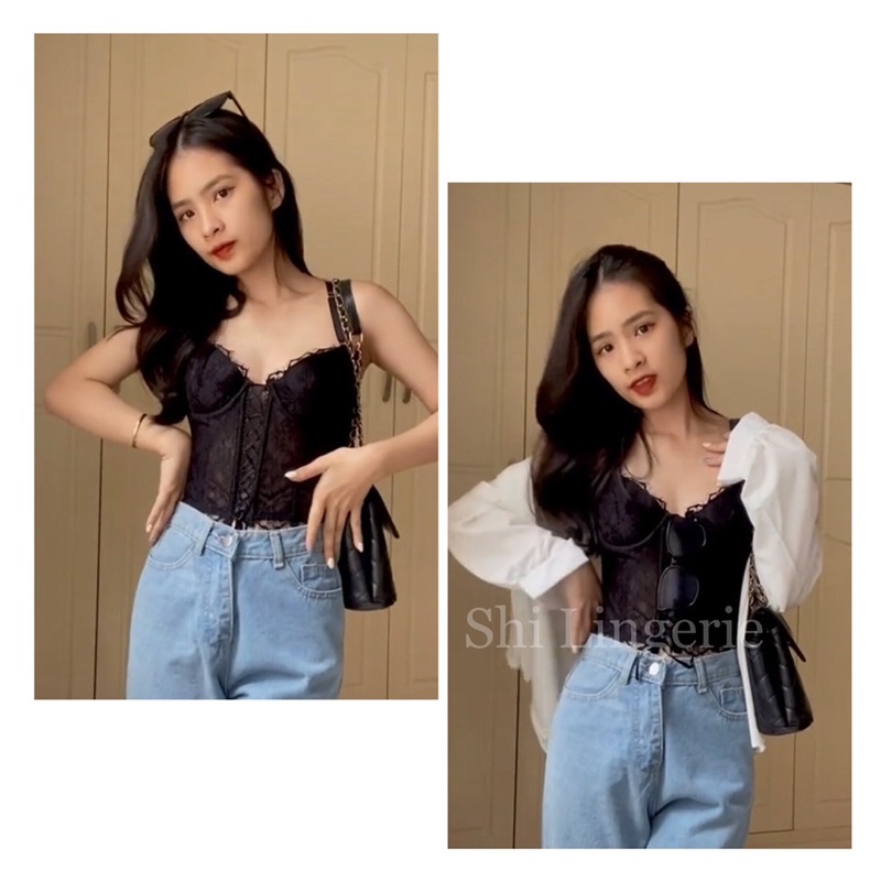 Áo corset ren dây đan (có sẵn mút ngực mỏng) [Shi.Lingerie]