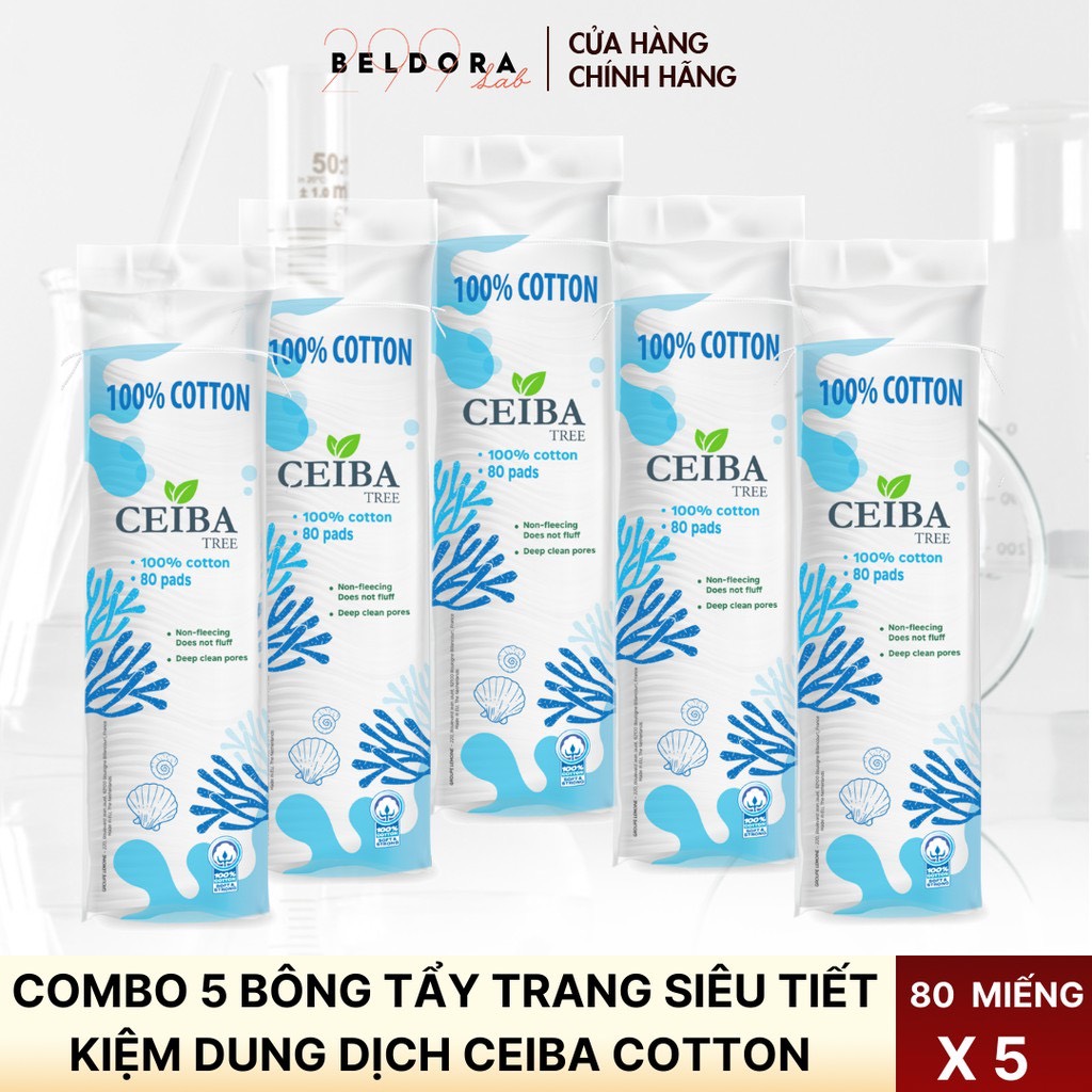 COMBO 5 BÔNG TẨY TRANG SIÊU TIẾT KIỆM DUNG DỊCH CEIBA COTTON 80 MIẾNG X5