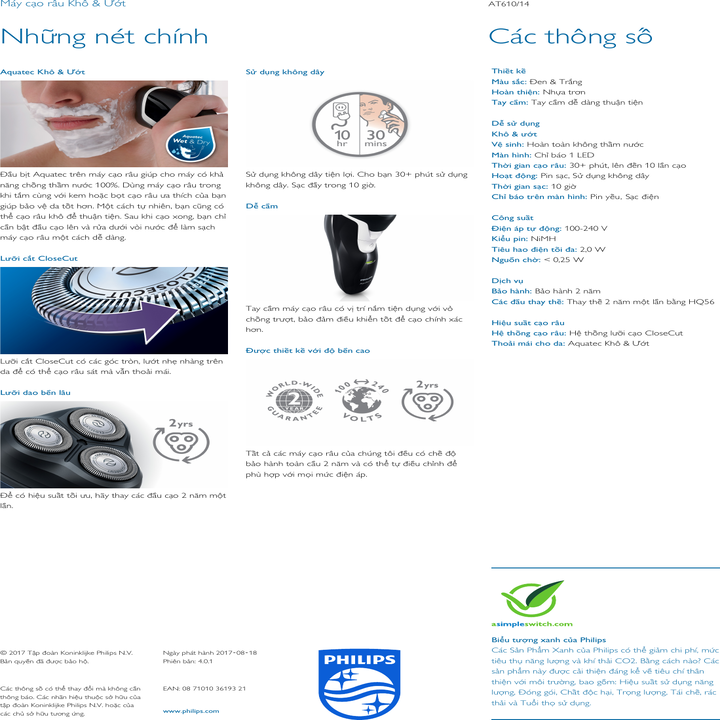 Máy cạo râu nhãn hiệu Philips cao cấp AT610