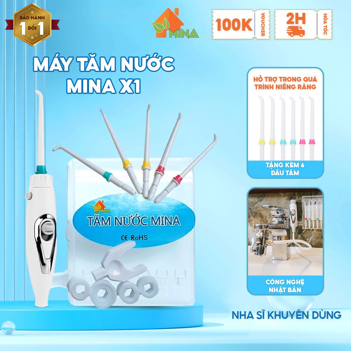 Tăm Nước, Máy Tăm Nước Mina. Model X1. Bảo Hành Đổi Mới 36 tháng. Bảo Hành Đổi Mới Trọn Đời. Gắn Vòi Rửa Mặt. Công Nghệ Nhật, Bóp Nước Tăng Áp Lực. Tặng 6 Đầu Tăm. Không Dùng Điện, Không Phải Đổ Nước. Chỉnh Áp Lực Tùy Ý