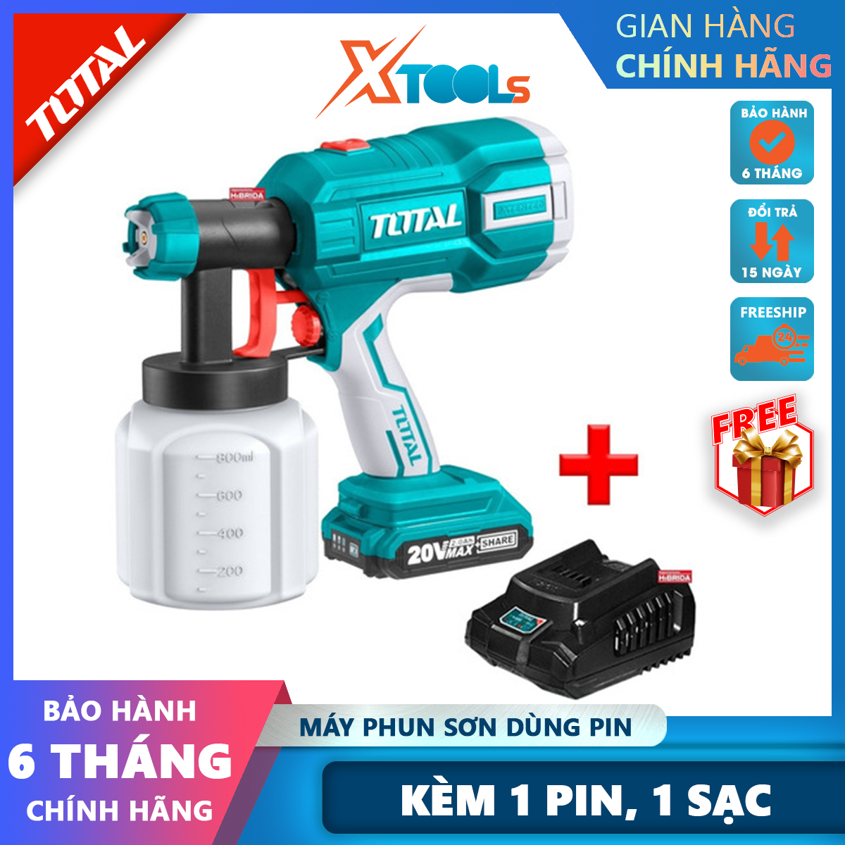 20V total tsgli20402 battery paint sprayer, portable spray gun 800ml tank, 0.5bar spray pressure with 1 battery and 1 charger xtools