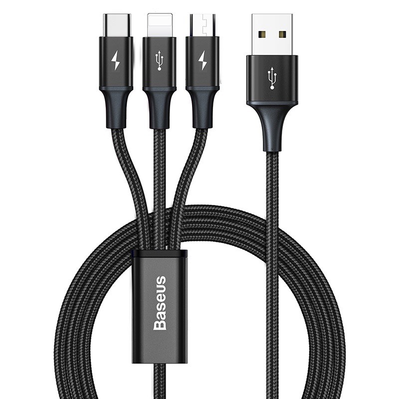 Cáp sạc Baseus 3 Đầu bọc dù USB sang Lightning Iphone - Type C - Micro bọc dù 3.5A Rapid Series 3in1 đa dụng siêu bền