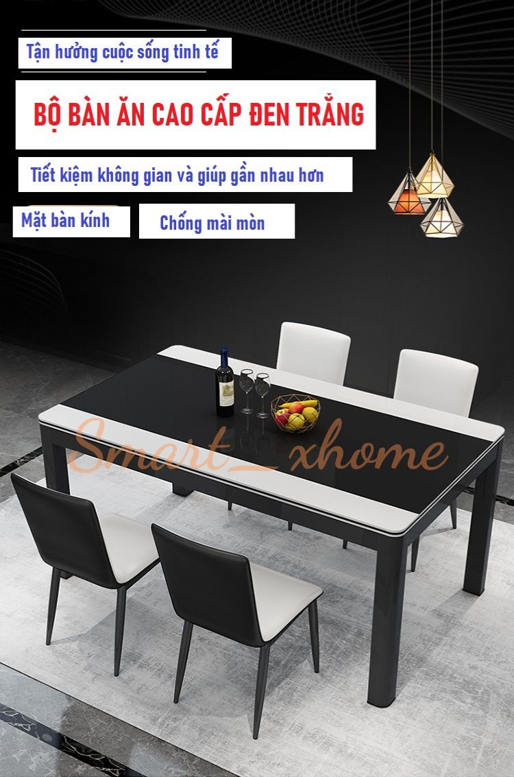 RE0687-RE0707 Bộ bàn ăn hiện đại 4-6 người tiết kiệm cho căn hộ nhỏ- hình chữ nhật mặt kính cường lực Smart_xhome