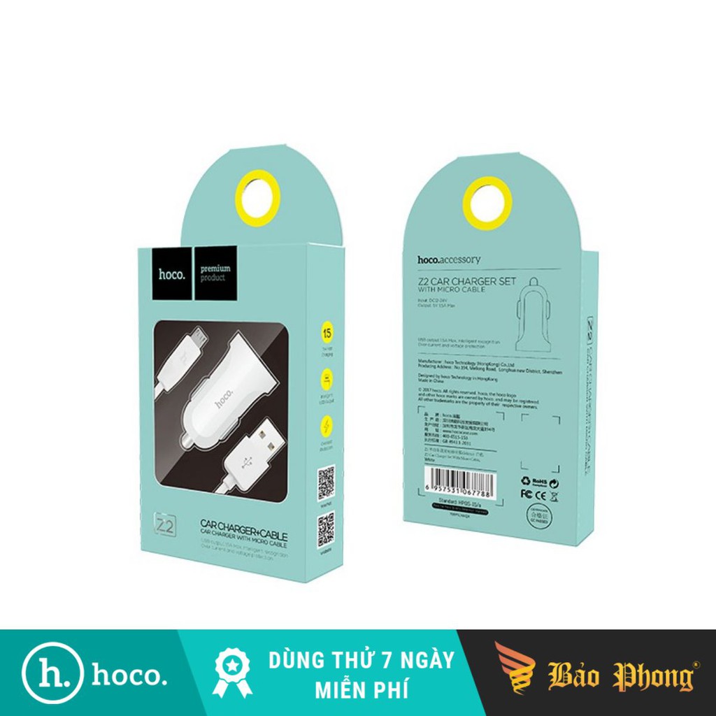 Tẩu sạc oto HOCO Z2 (ko cáp) (kèm cáp lightning Micro)