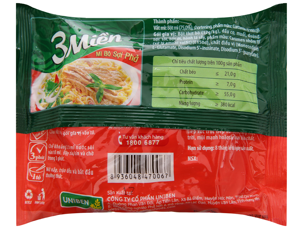 Thùng 30 gói mì 3 Miền bò sợi phở 65g