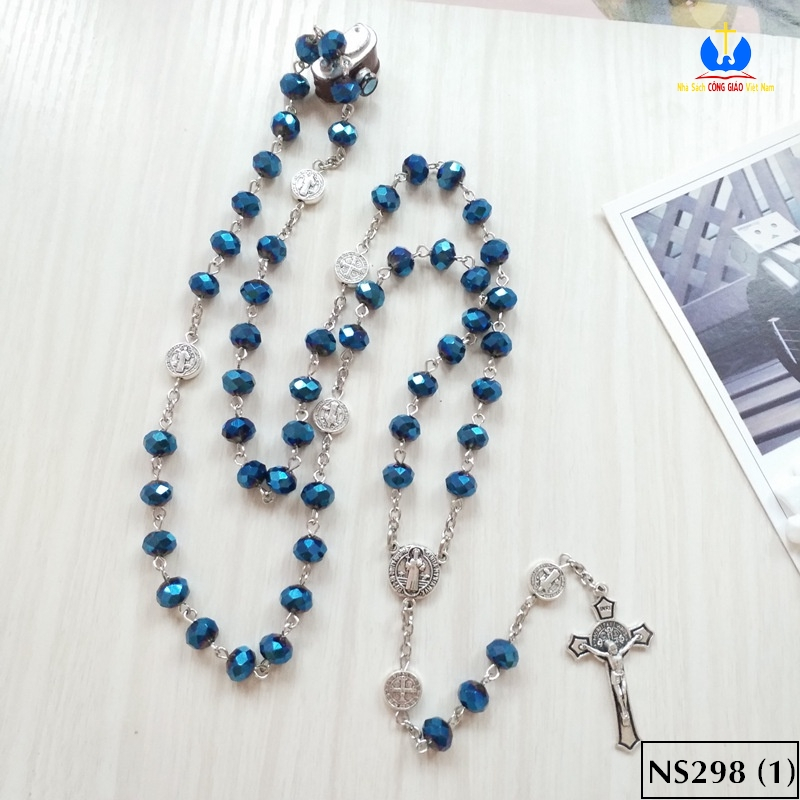 Chuỗi tràng hạt mân côi 50 hạt pha lê màu xanh dương - quà tặng công giáo, noel, sinh nhật ý nghĩa ns298