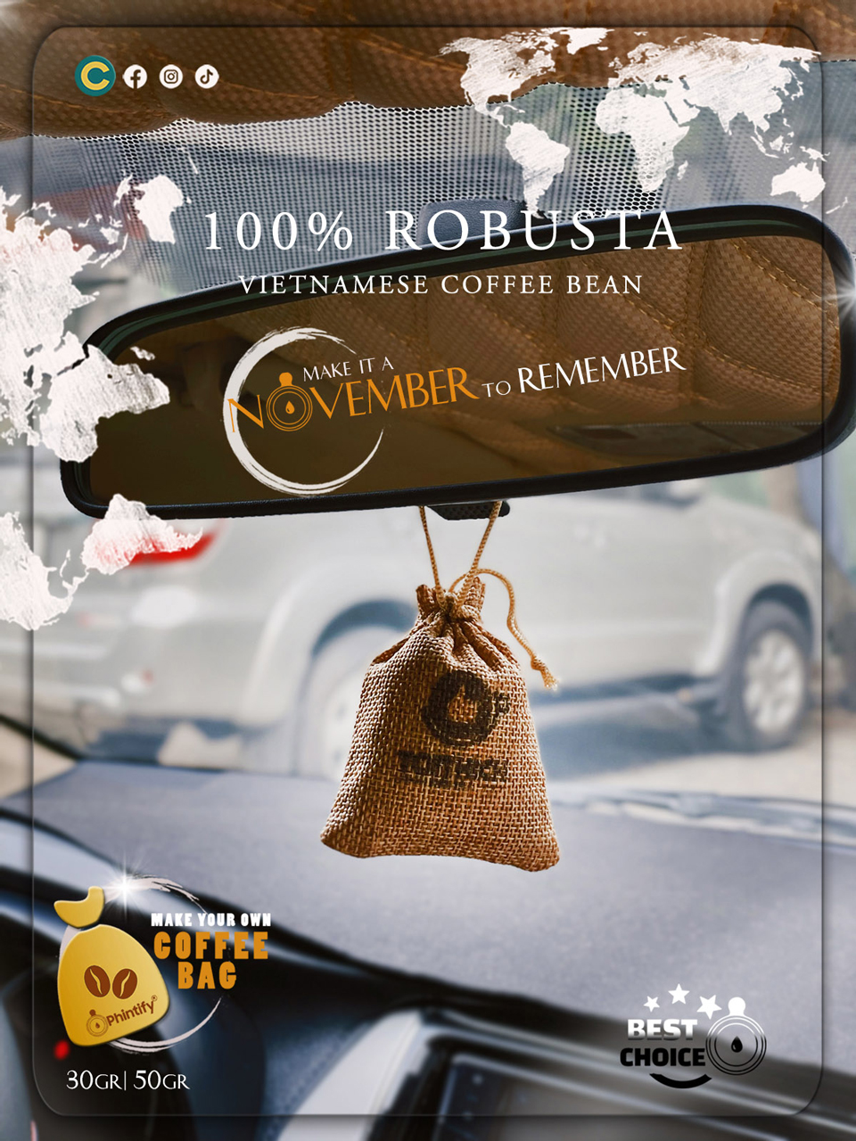 Túi thơm cà phê Robusta - 12 màu lựa chọn - 30gr cà phê