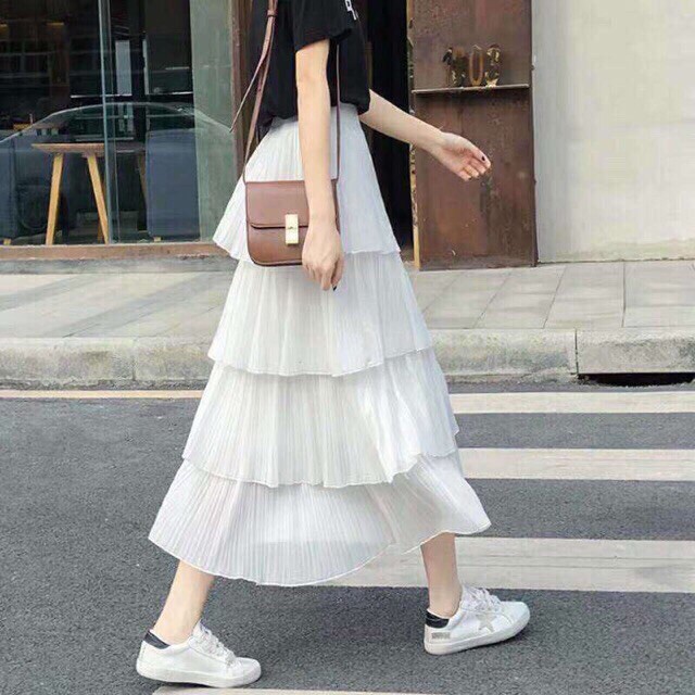 Chân váy VOAN lụa xếp ly 4 tầng - phong cách Hàn Quốc