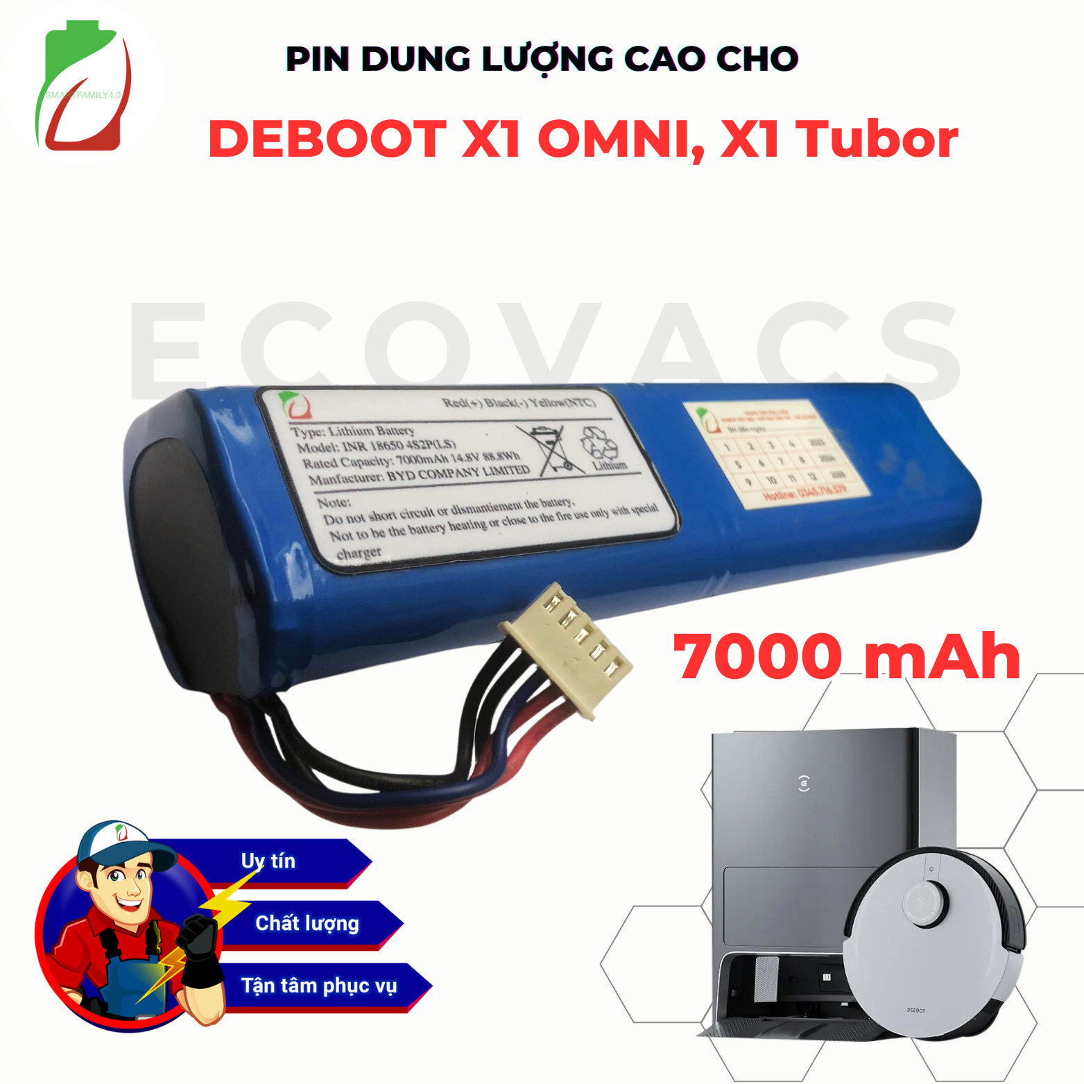 Pin 7000mah nâng cấp pin cho robot hút bụi ecovacs deebot ozmo950/t5t8,t8 avi,t8 power,t9 avi.,x1omni,x1 turbo
