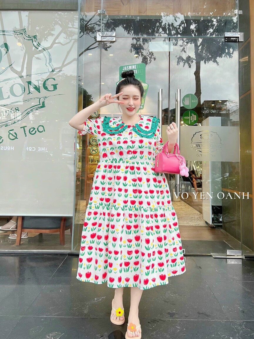 Đầm babydol dáng dài tay ngắn cổ bèo họa tiết hoa đáng yêu, Đầm kiểu dáng dài babydol tay ngắn dáng dài họa tiết hoa công chúa tiểu thư, Đầm nữ họa tiết hoa kiểu babydol dáng dài cổ bèo xinh xắn MTB