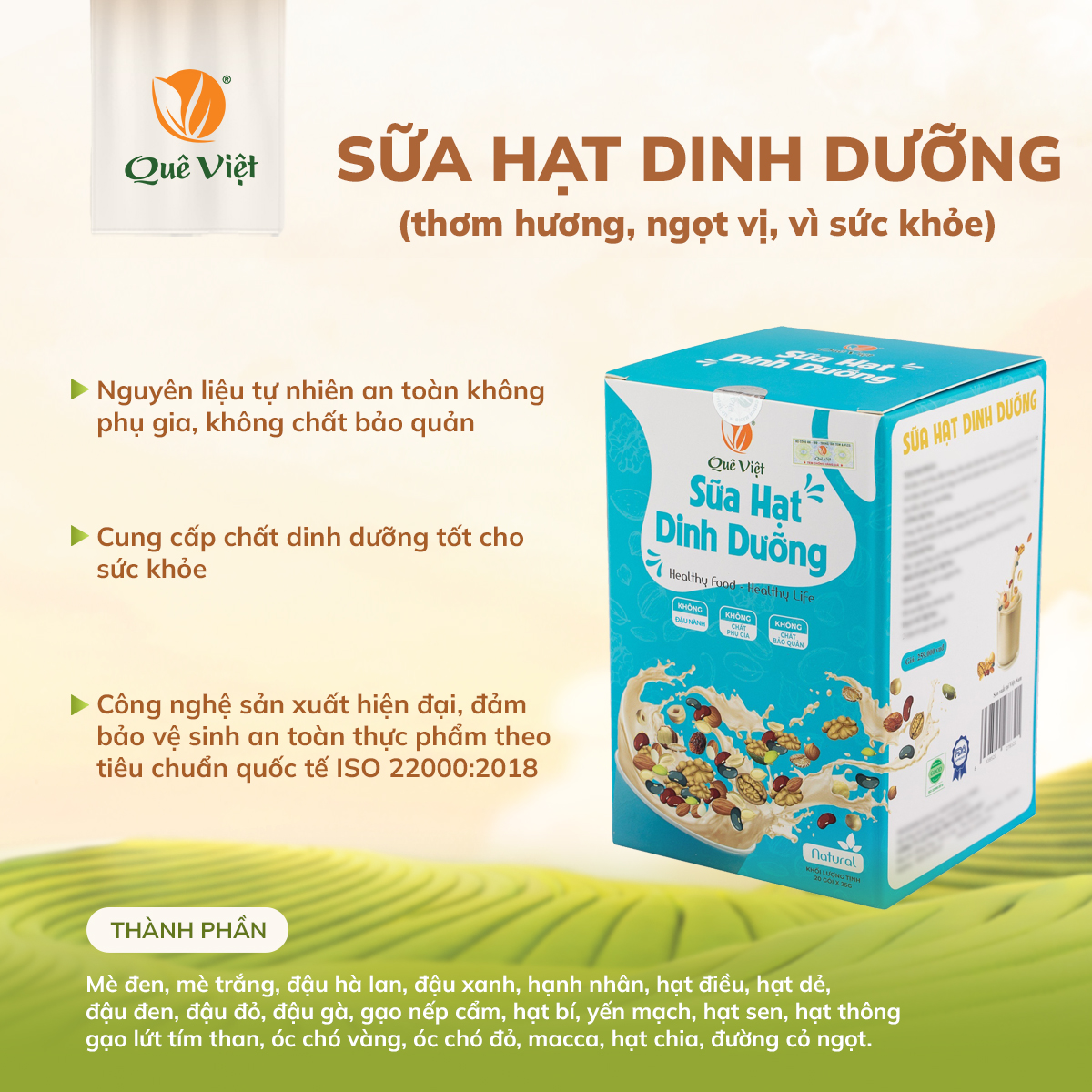 Sữa hạt dinh dưỡng Quê Việt (không đậu nành) - Hộp 500G (20 túi x 25G)