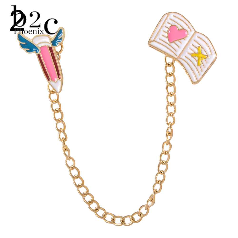 Phoenix B2C Women Cute Rabbit Carrot Heart Book Ruler Denim Jacket Collar Chain Brooch Pin