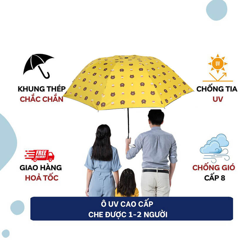 Ô dù che mưa che nắng chống tia UV cầm tay gấp gọn họa tiết Gấu dễ thương, ô che mưa nắng 8 nan cứng cáp, dù che mưa che nắng gấp gọn nhiều màu