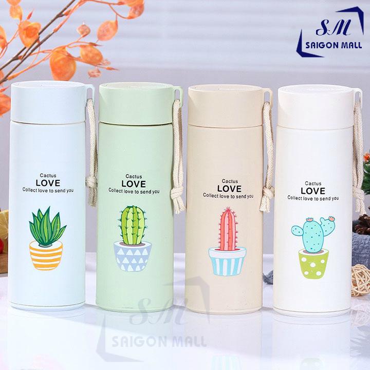 [HCM]Bình thủy tinh cách nhiệt võ bọc nhựa lúa mạch in hình xương rồng dễ thương kèm dây xách - BGN04