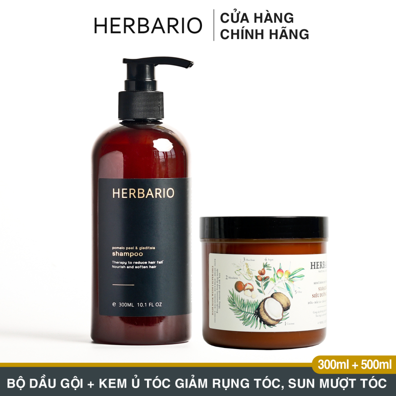 Bộ Dầu Gội Bưởi và bồ kết 300ml + Kem ủ tóc Herbario 500ml giảm rụng tóc, cấp ẩm giúp mượt tóc cao cấp
