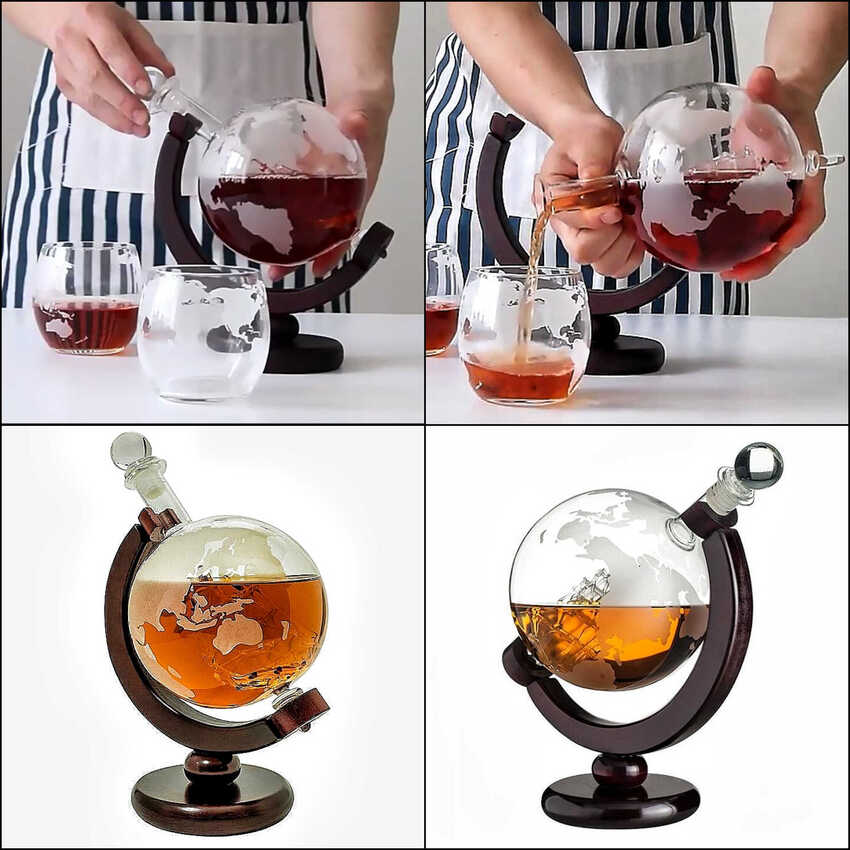 Chai Đựng Rượu Thủy Tinh 1500ML mẫu địa cầu GLOBE kèm đế gỗ - nắp thủy tinh đặc - Vỏ Chai Rượu Đẹp – Chai Thủy Tinh Đựng Rượu (E18)