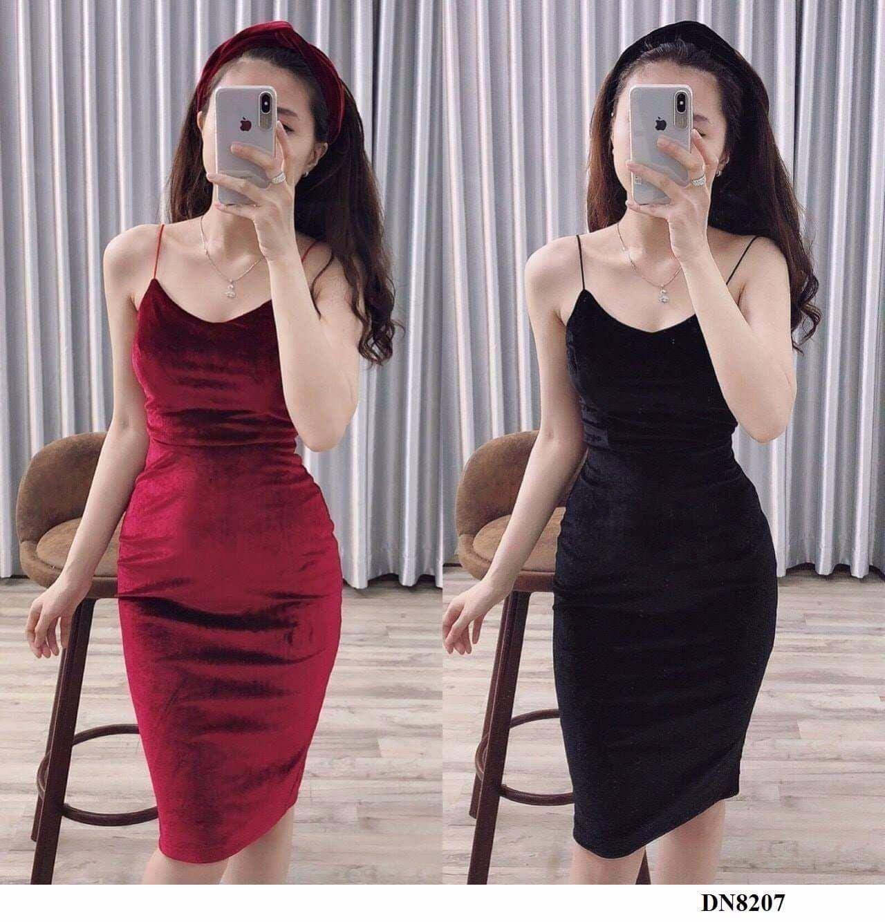 đầm body 2 dây nhung