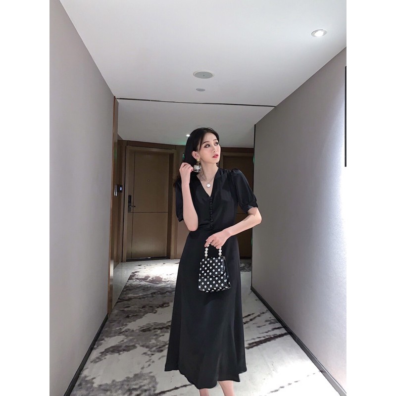 Đầm lụa cổ V phối cúc bọc B-A-M STORE (hàng may đẹp)