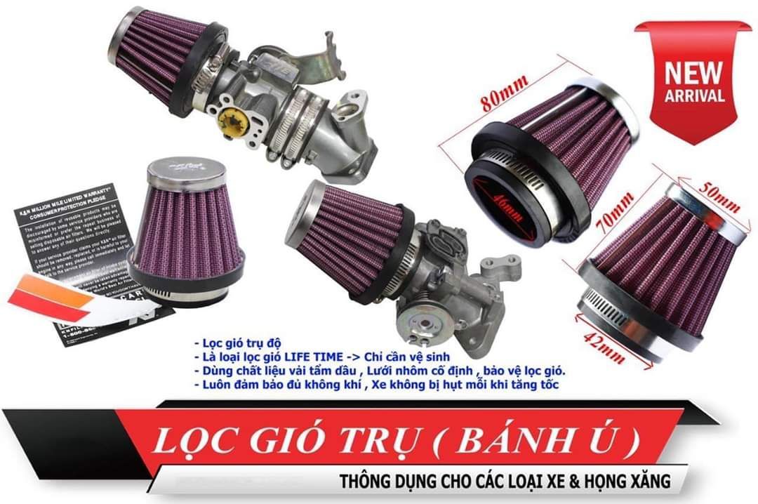 Lọc gió trụ tăng tốc, tặng kèm co nối 35, 42, 48mm