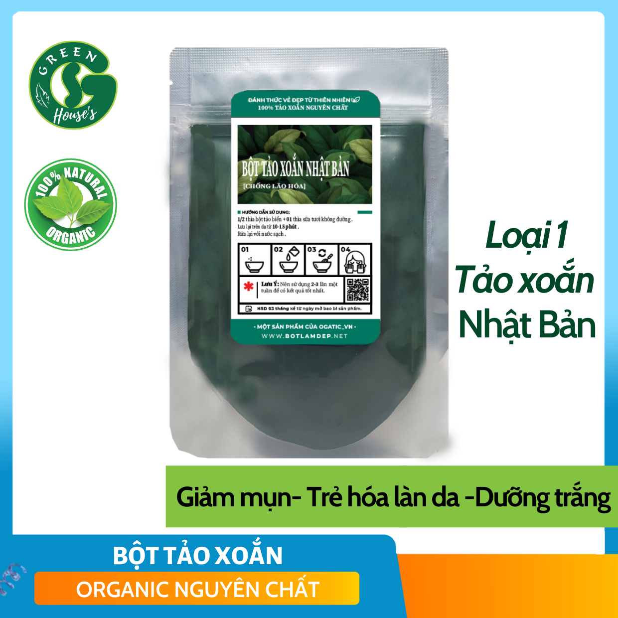 Bột Tảo Xoắn Giúp Dưỡng Trắng Giảm Thâm Nám Sạm Da - Handmade 75G - B2.009