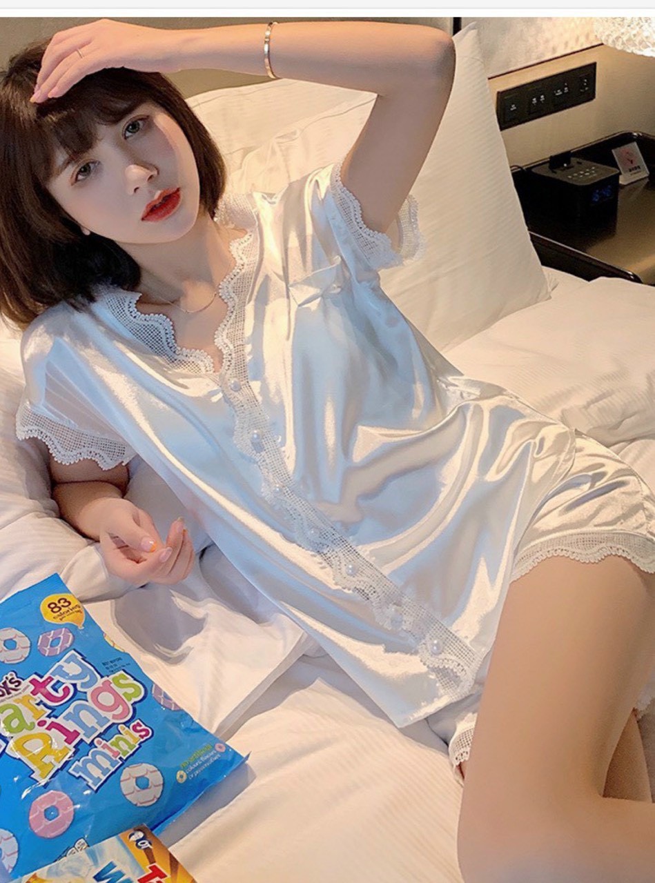 Sét Bộ Satin Cúc Cườm Mặc Nhà Siêu Đẹp