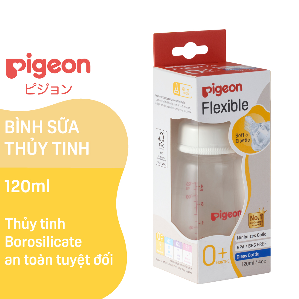 Bình sữa thủy tinh cổ hẹp Pigeon 120ml (S) - 2020