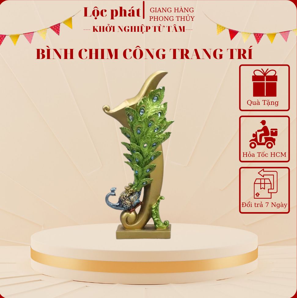 Bình lông công phong thủy Lộc phát trang trí - FREESHIP