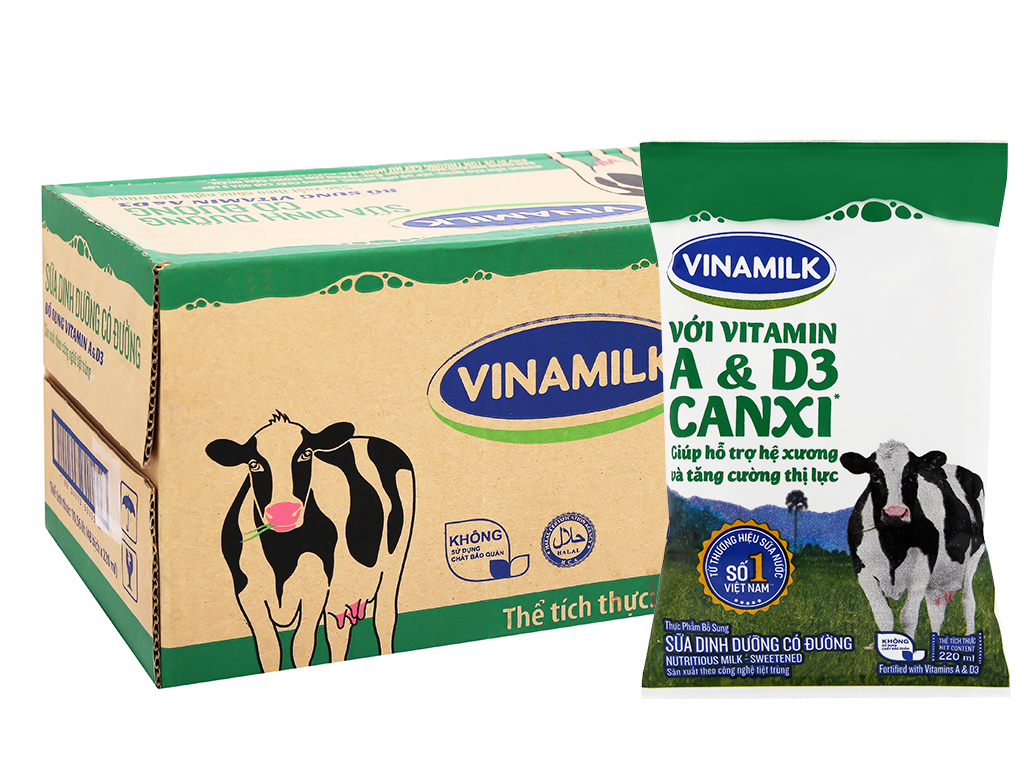Thùng 48 bịch sữa dinh dưỡng có đường Vinamilk A&D3 220ml