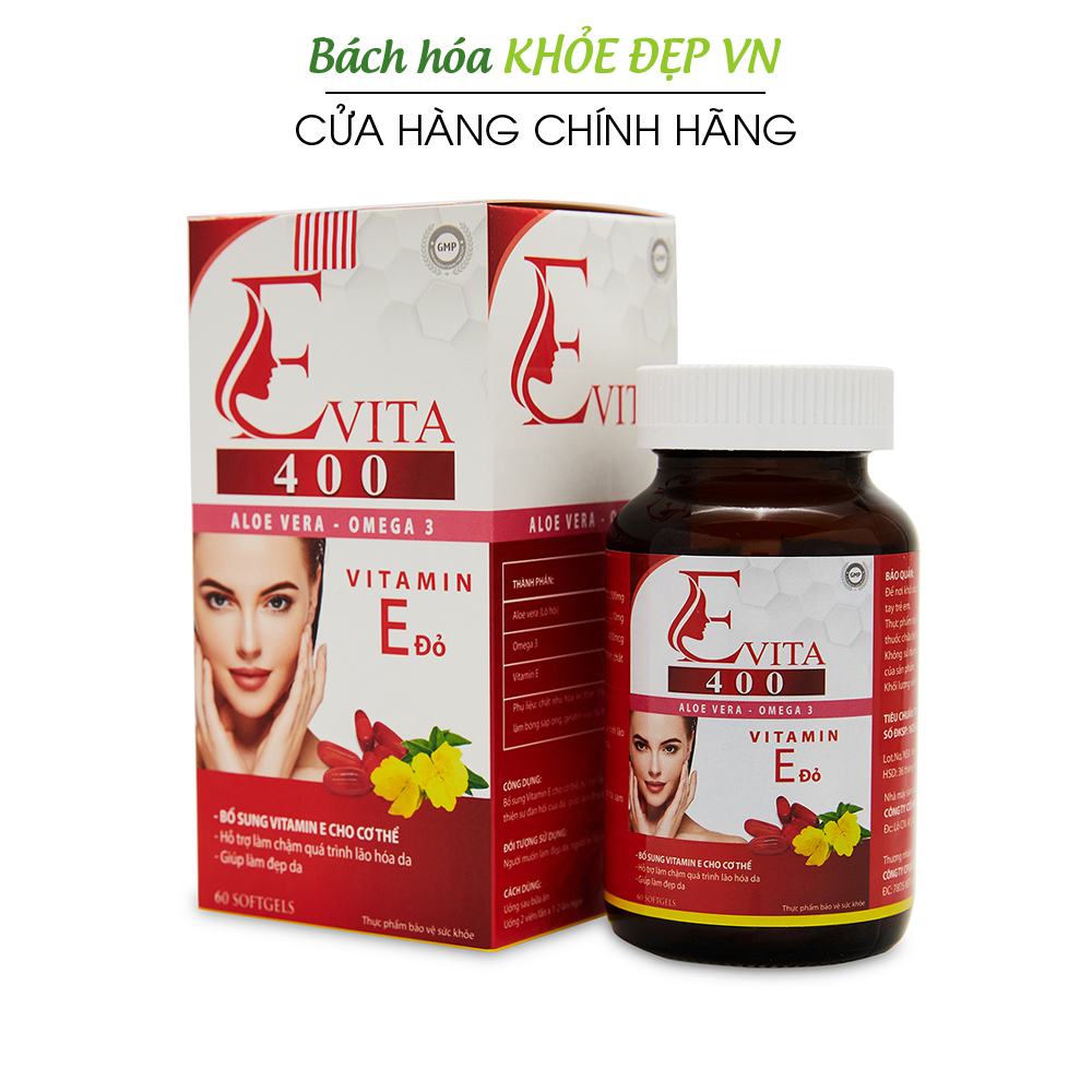 Viên uống đẹp da E VITA 400 Vitamin E đỏ Omega 3 tinh dầu lô hội giảm nám sạm da chống lão hóa - Chai 60 viên