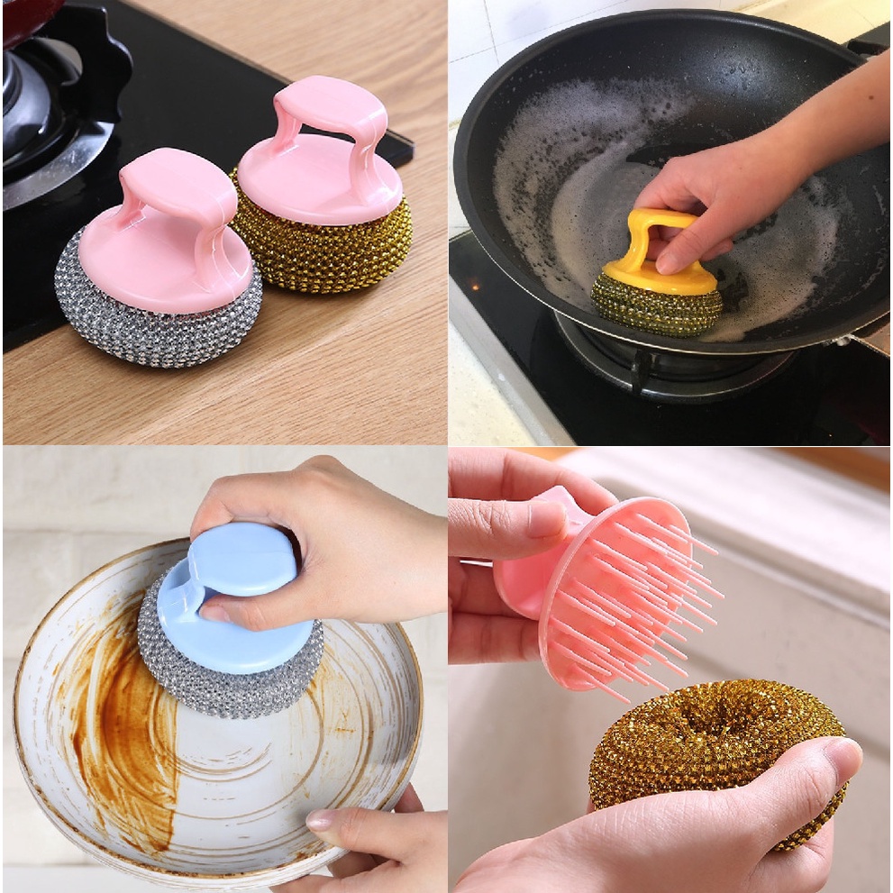Combo 5 cọ xoong có tay cầm, dụng cụ cọ xoong nồi có tay cầm bằng nhựa tiện dụng
