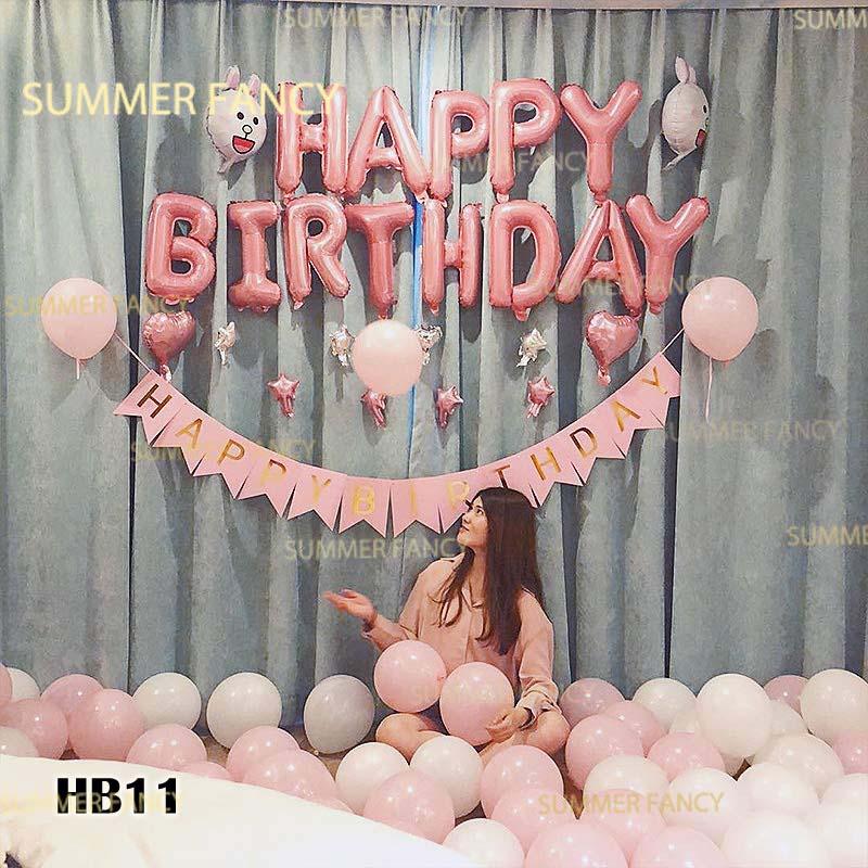 Set chữ happy birthday + 50 bong bóng + 10 bóng sao tim + 2 bóng thỏ trang trí sinh nhật Valentine cưới wedding Foil balloon