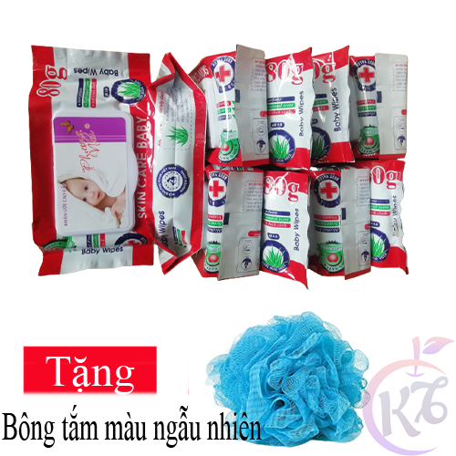 Combo 10 bịch Khăn giấy ướt Baby wipes cao cấp bịch 80 tờ không mùi Tặng 1 bông tắm màu ngẫu nhiên - khan giay uot cho be khong huong