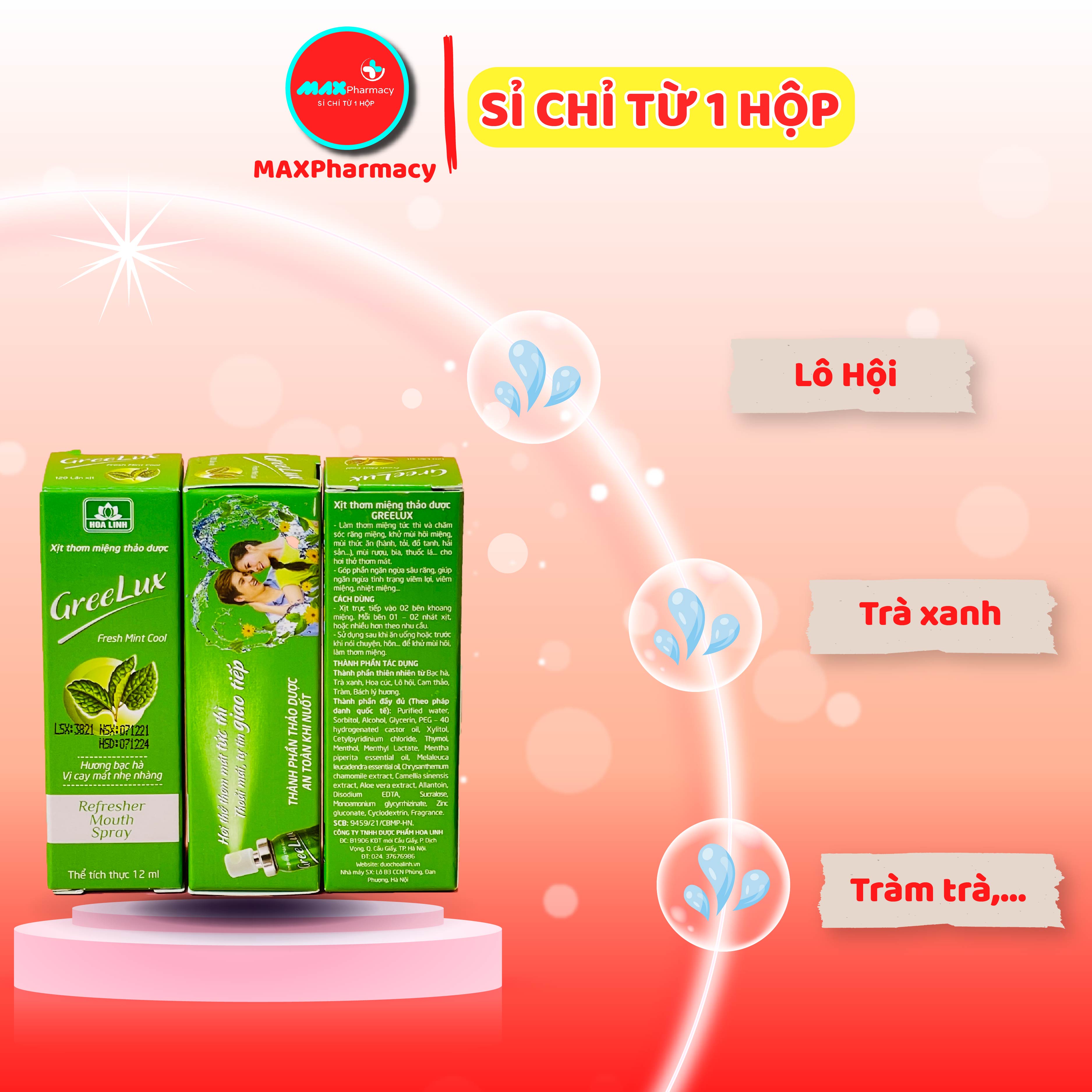 Xịt thơm miệng Thảo dược Hoa Linh Greelux Fresh mint cool 12ml - Maxpharmacy