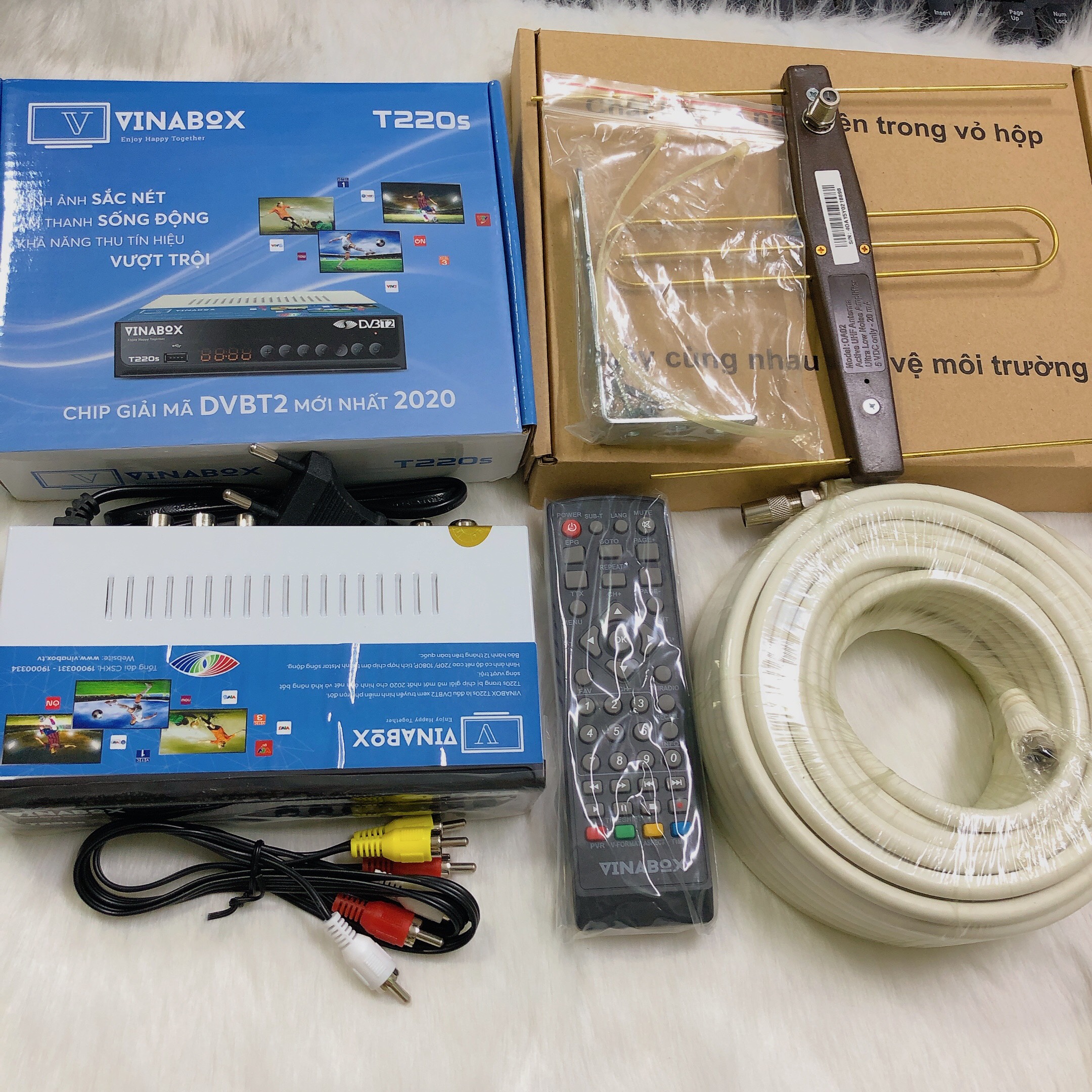 Đầu thu truyền hình số mặt đất dvb t2 vinabox t220s kèm ănten + dây 15m