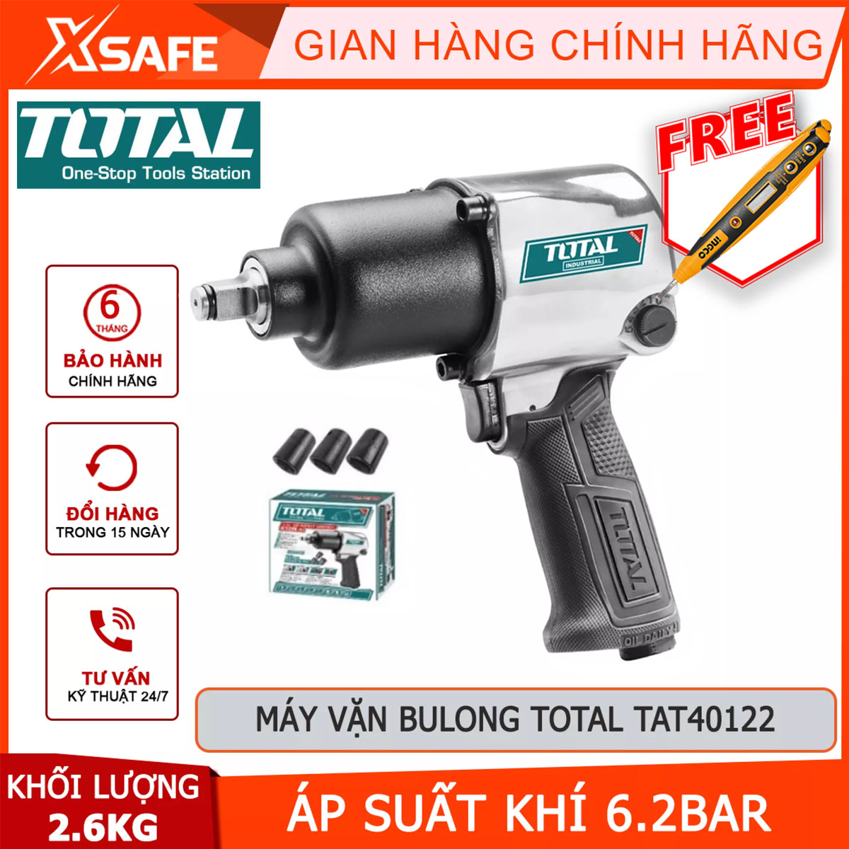 Máy vặn bu lông total tat40122 máy siết bu lông dùng hơi 12.5 mm , tốc độ không tải 7000v/p, 610nm , 1/4" ,142.5 l/min vặn đai ốc, siết và cố định xiết mở bulong ốc vít ô tô, xe tải