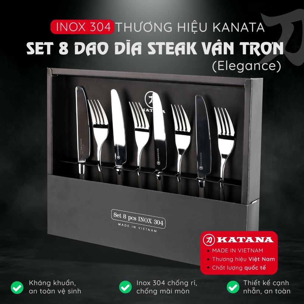 Set 8 dao dĩa beefsteak cao cấp vân trơn Elegance VTK284