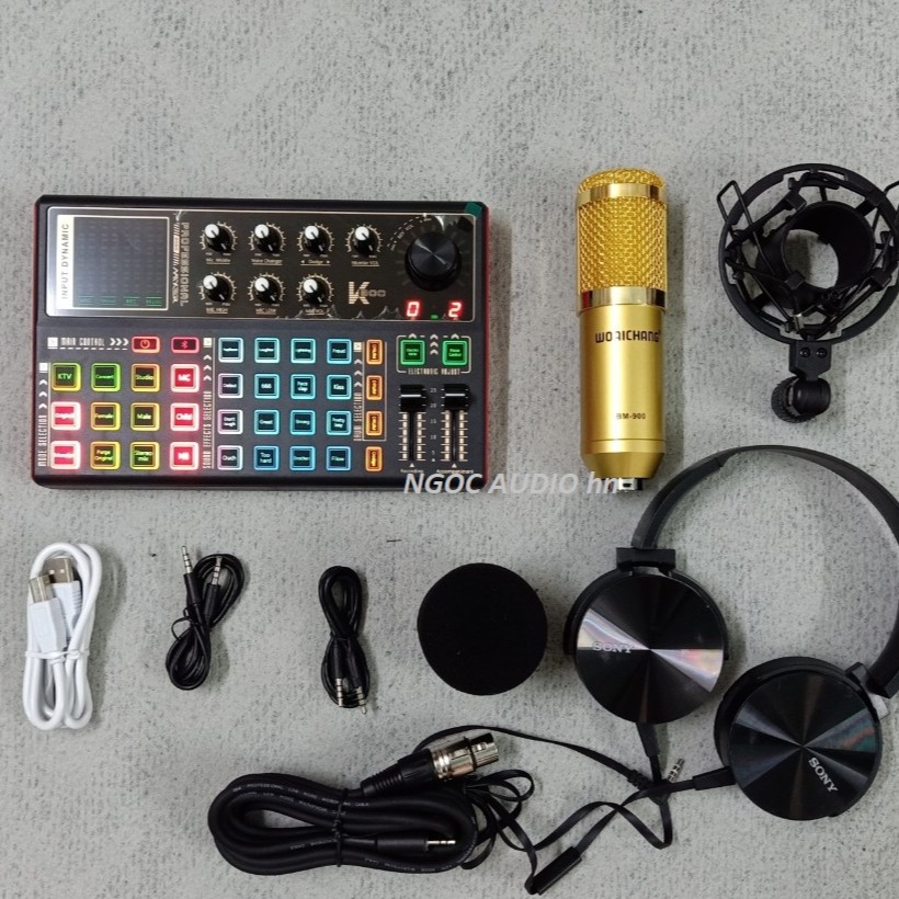 Combo sản phẩm Hát Karaoke Live stream Sound card K300 Bluetooth Auto Tune và Micro BM900 tặng tai phone