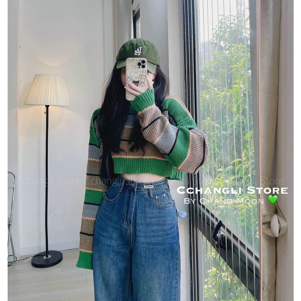 Áo len kẻ xanh croptop hót hít 12(kèm ảnh thật và video)